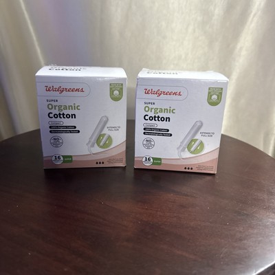 2 Walgreens 100% Organic Cotton Tampons UNSENTED Super 16 Count Each 32 TOTAL