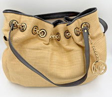 Michael Kors Large Bennett Straw Shoulder Bag Woven Raffia Black - Summer Vacay