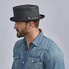 American Hat Makers XXL Black Folsom by Ashbury Hats Pork Pie Leather Fedora