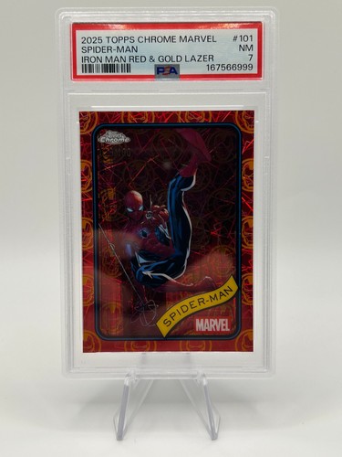 2025 Topps Chrome Marvel Spider-Man Red & Gold Iron Man Laser Ref #29/100 PSA 7
