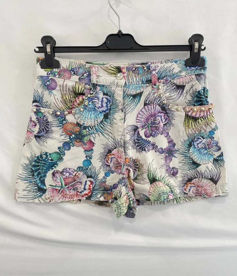 Pantalones Cortos H30# Just Cavalli Talla 27 Estampado Multicolor Concha Marina Detalle Perla Algodón Foto 2 de 4