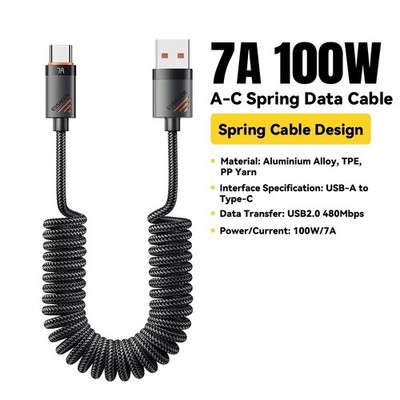 100W USB-C to USB-C Car Charger Cable Coiled Spring Fast Charging PD Type-C ¢
