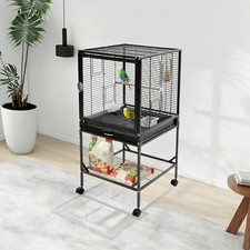 17in Metal Bird Cage Open Mobile Bird Cage With Rolling Stand Storage Shelf