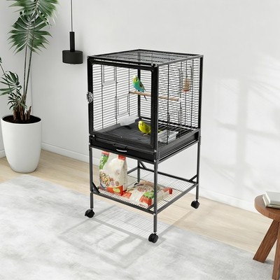 17in Metal Bird Cage Open Mobile Bird Cage With Rolling Stand Storage Shelf