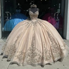Champagne Glitter Sweetheart Vestido De 15 Quincea era Straps Ball Gown 16 Party