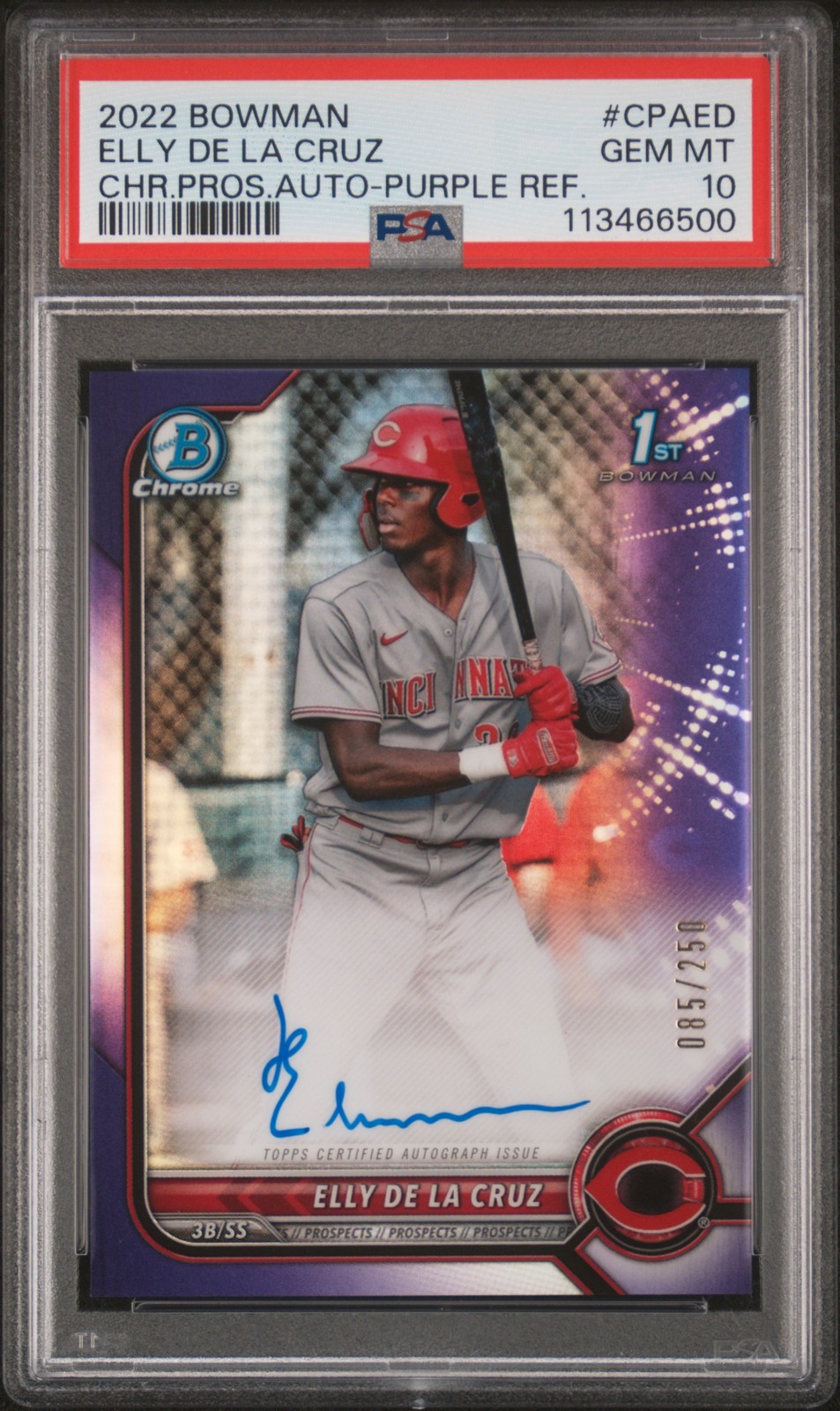 2022 Bowman Chrome Auto Purple #/250 Elly De La Cruz #CPAED Reds PSA 10 GEM RC