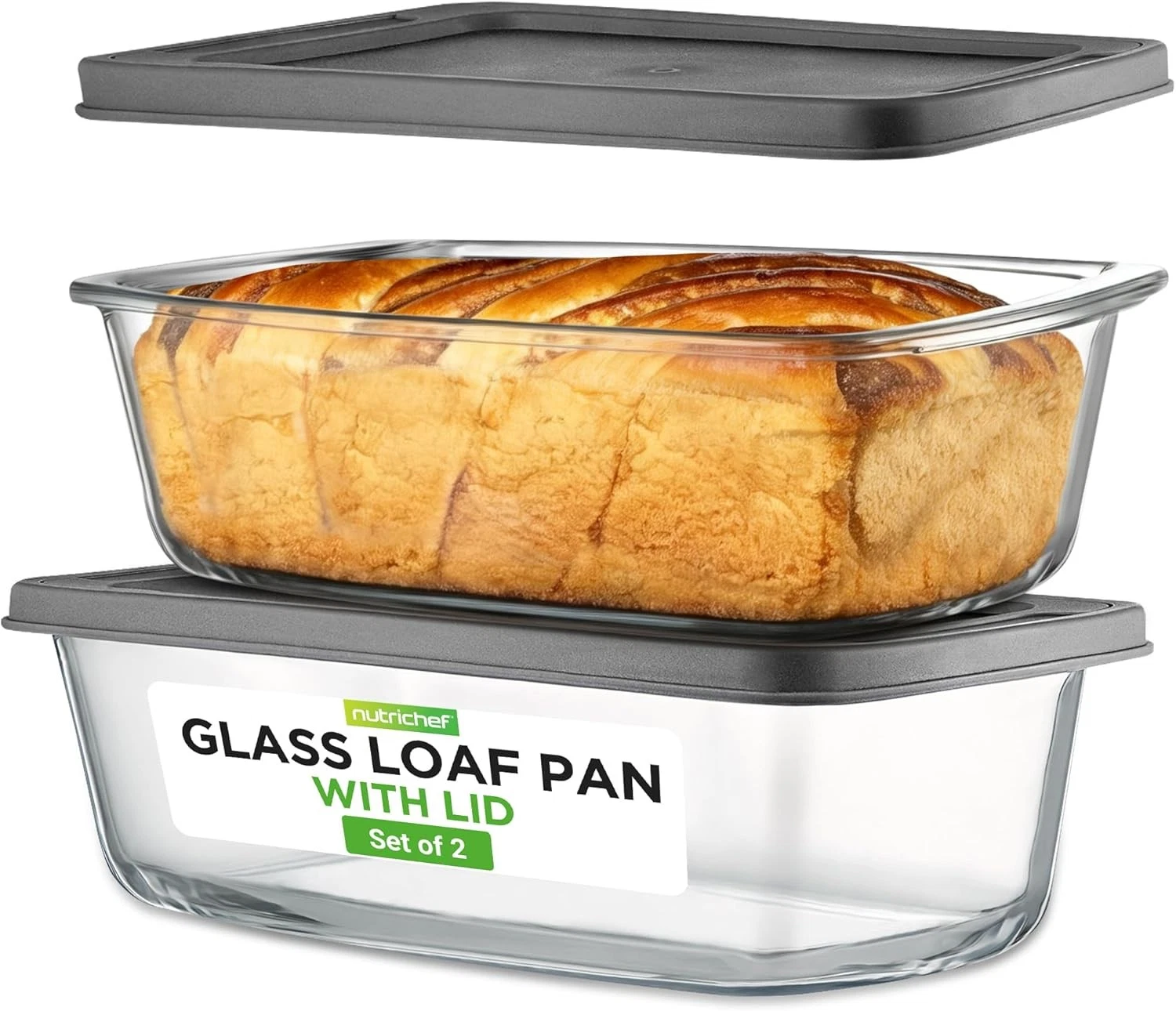 4 Piece Glass Loaf Pan Set W/ Lids Stackable 1.9 QT/62oz Glass Bread Baking