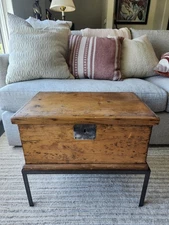 Antique Pine Chest w/ Upholstered Interior and Metal Stand
