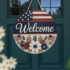 Patriotic Welcome Sign, Round Wooden Door Hanger, American Flag Floral
