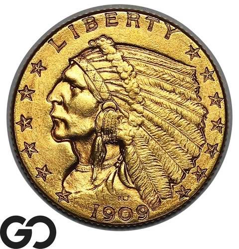 1909 Gold Quarter Eagle, $2.5 Gold Indian, Gem BU++