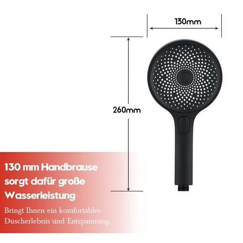 Handbrause 13cm breit Duschkopf Schwarz Brausekopf Dusche 3 Strahlfunktionen - Bild 5 von 6
