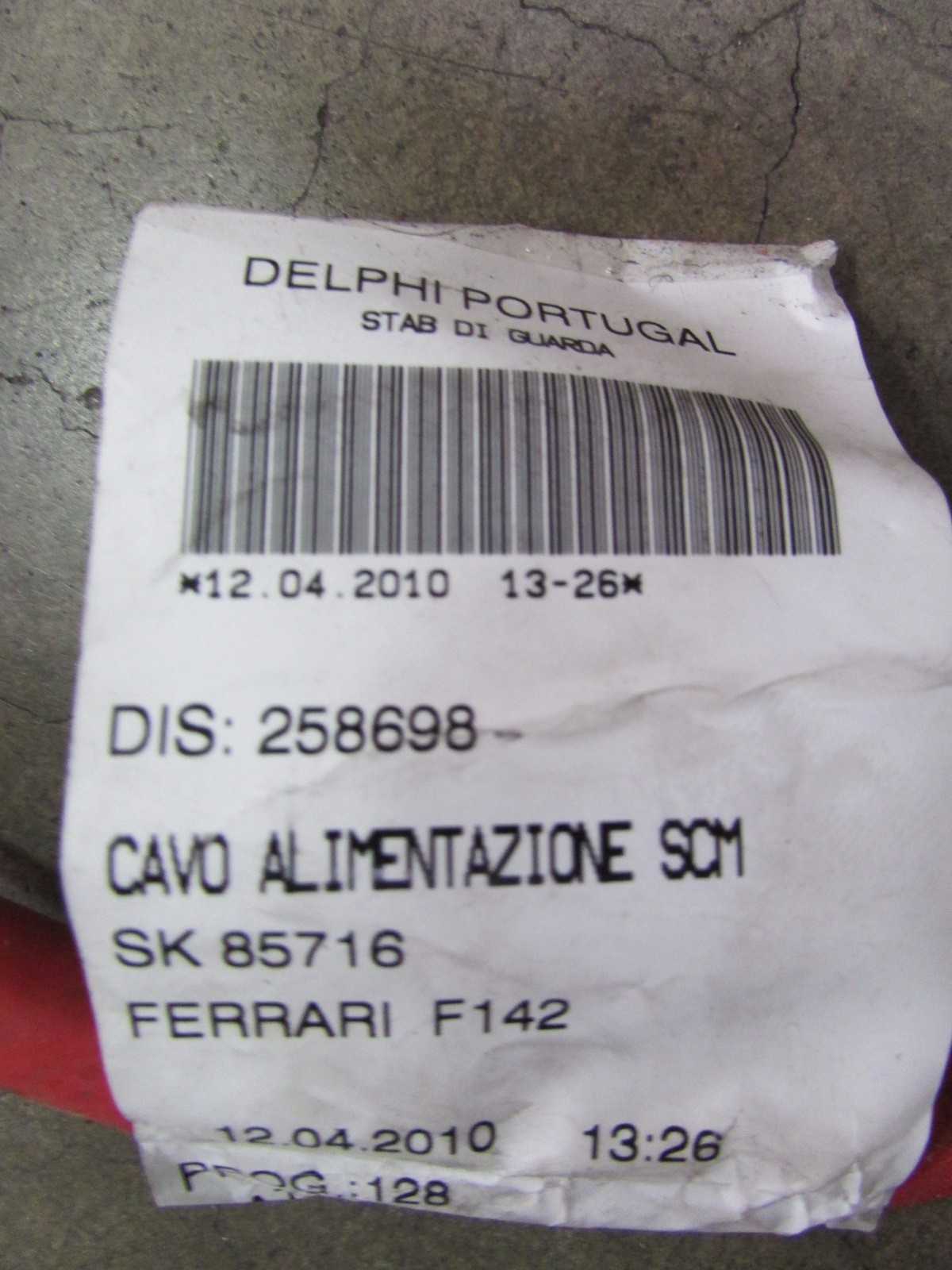 Ferrari 458 Italia, Positive Battery Cable Wire Harness, Used P/N 258698