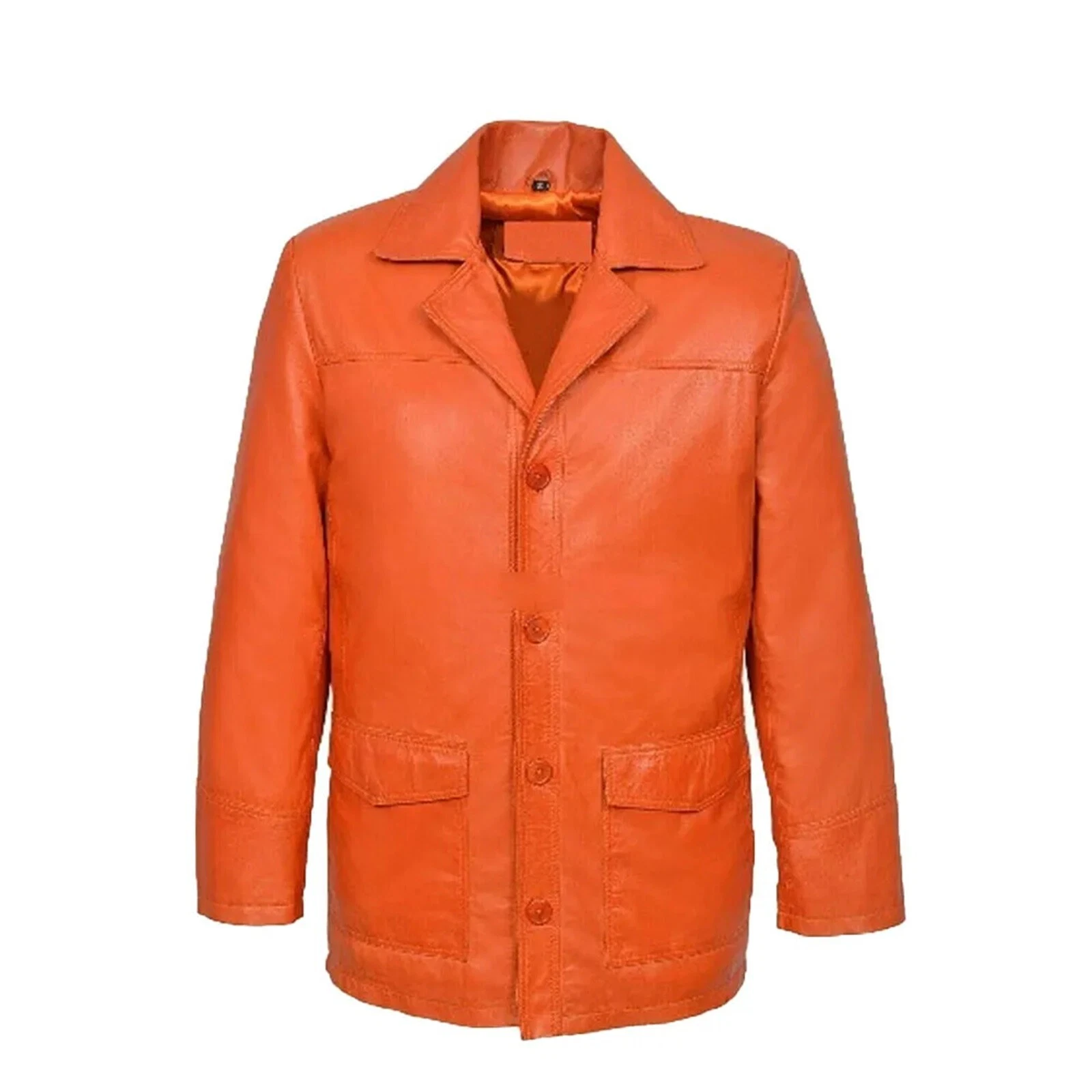 Mens Genuine Lambskin Leather Orange Blazer Four Button Jacket Vintage Look Coat