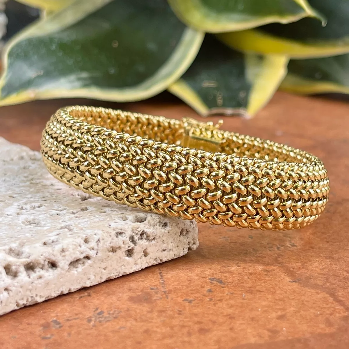 Estate 14KT Yellow Gold Wide 22mm Thick Mesh Link Soft Bangle Bracelet  7.25