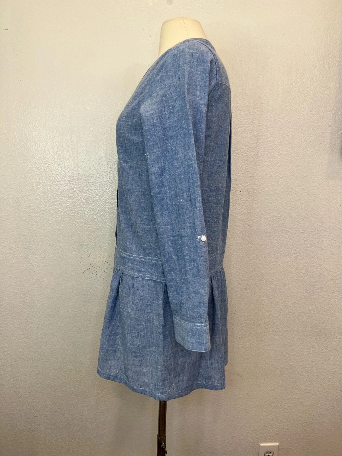 Abito Camicia Morbido Joie Amiri Cotone Lino Chambray Bottoni Peplum Taglia XS