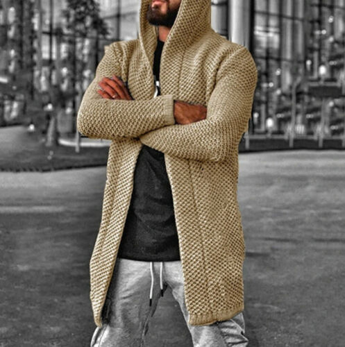 Men's Long Cardigan Sweater Hooded Knit Slim Fit Open Front Longline with Hat