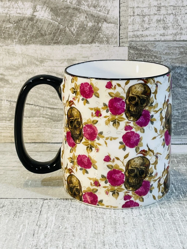 Taza de cerámica 10 calaveras y flores callejeras fresas 16 OZ linda floral gótica Foto 2 de 4