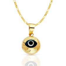 14K Yellow Gold Evil Eye Fluted Charm Pendant  2mm Figaro 3 1 Chain Necklace