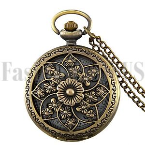 Antique Hollow Camellia Digital Quartz Pocket Watch Necklace Chain Pendant Gift