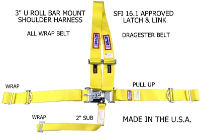 RJS SFI 16.1 LATCH & LINK DRAGSTER HARNESS BELT ALL WRAP PULL UP YELLOW 1154406