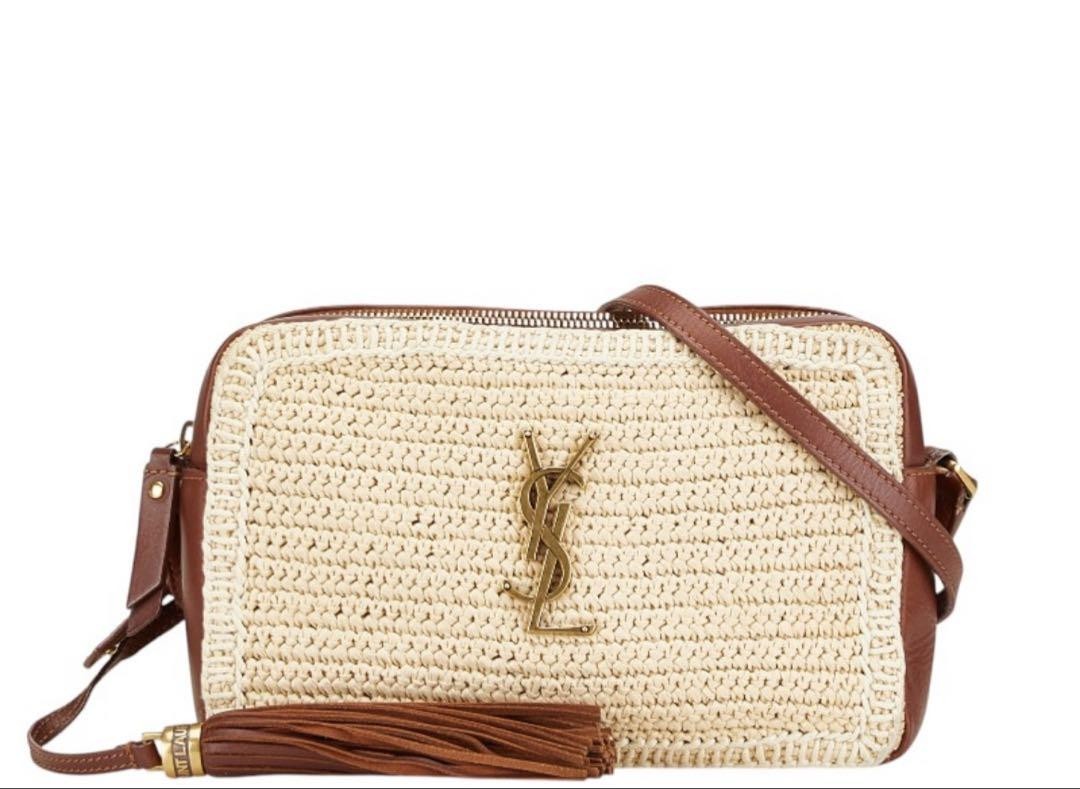 SAINT LAURENT Borsa cestino YSL pelle rafia logo zip 25 cm 9 8 pollici beige marrone usata indossabile
