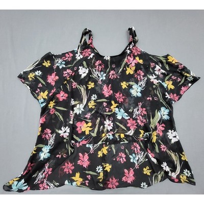 Lane Bryant Blouse Womens 18/20 Short Sleeve Cold Shoulder Sheer Floral Black