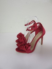 Red Satin Glam Gianni Bini 6 Ruffled Open Toe Ankle Strap Stiletto Heels