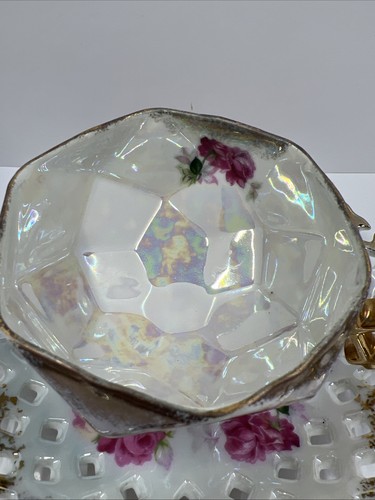 Stunning VTG L M Royal Halsey Very Fine China Footed Tea Cup & Saucer Roses - Bild 5 von 14