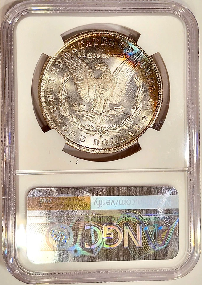 Dólar Morgan 1881-S NGC MS 62 Escarchado 2 Caras Arco Iris Tonificado Media Luna Foto 4 de 4