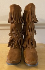 Minnetonka 3-Layer Fringe Boots Brown Suede Leather Moccasin Stitching Women s 9