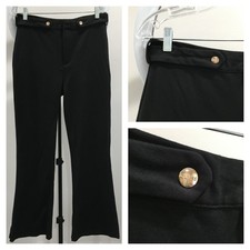 GUESS Womens sz Large Black Gold Logo Buttons Waist Detail Slight Flare Leg Pant