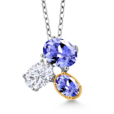 925 Silver and 10K Yellow Gold Tanzanite and White Moissanite Pendant Necklace