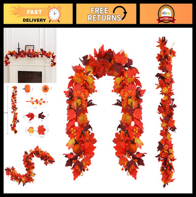 7FT Artificial Fall Garland - Maple Leaves, Pumpkins & Berries for Thanksgiving