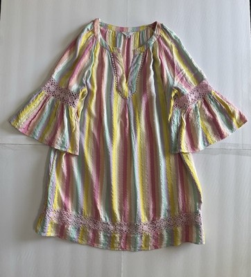 Crown & Ivy Curvy 1X Tunic Dress Pastel Stripe Bell Sleeve Crochet Boho Plus