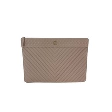 Chanel Caviar Chevron Quilted Large Beige Leather Cosmetic Clutch Bag Wo One