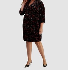 Anne Klein Women's Black Velvet Printed Surplice Side-Tie Dress Plus Size 0X