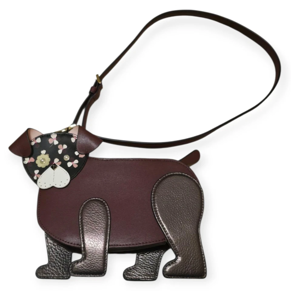 Kate Spade Floral Pup/Dog 棕色皮革斜挎包带装饰。 — 第 4/4 张图片