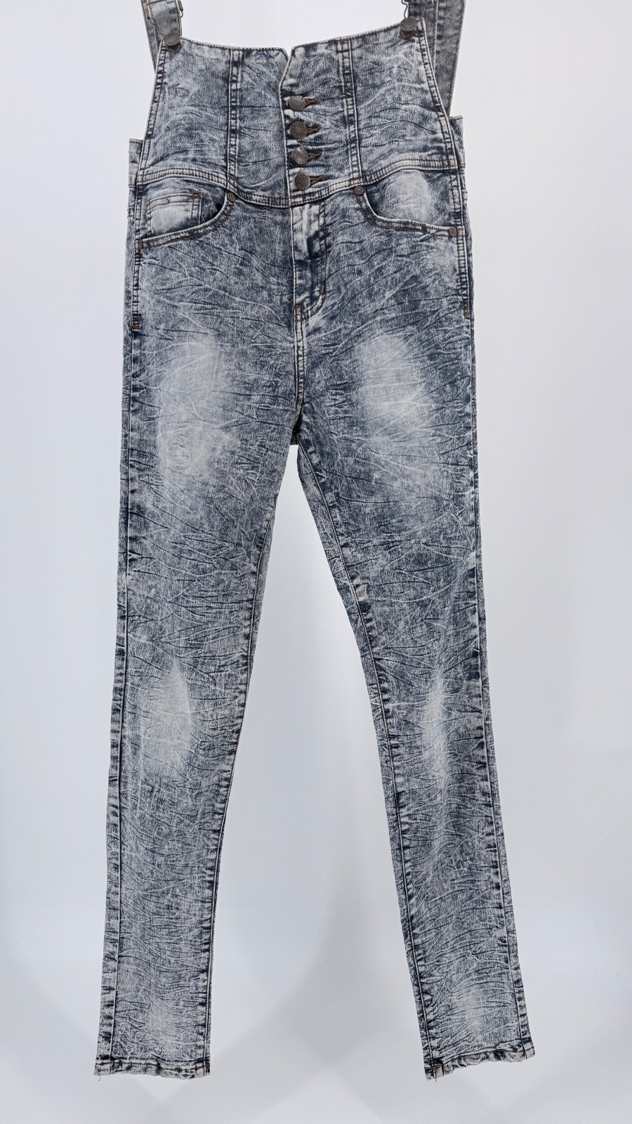 VIP Acid Wash Denim Overalls Women M Y2K 90s Grunge Stretch Slim Fit Jumper image 5