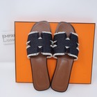 37.5 NEW HERMES ORAN H SANDALS SLIPPERS CLASSIC FRINGED DENIM Gold Jean