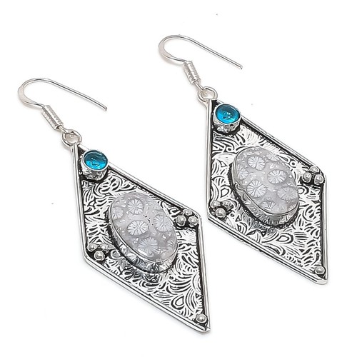 Fossil Coral, Blue Topaz Gemstone 925 Sterling Silver Jewelry Earring 2.76"