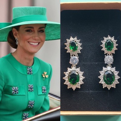 Catherine & Diana Prinzessin von Wales königliche Replik grüne Blume Ohrhänger