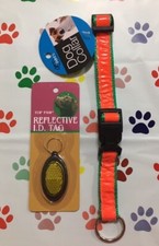 Reflective Dog Collar and ID Tag - Orange Green - Medium - Be seen - New - 14"