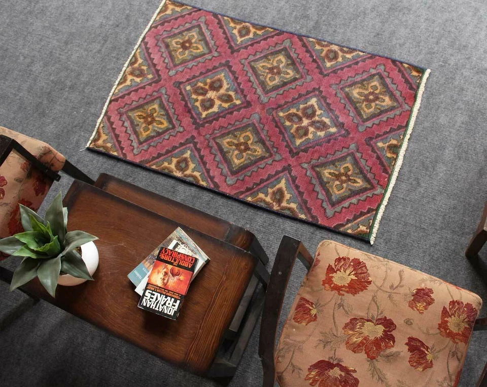 3x4 Classic Vintage Hand Knotted Purple Geometric Wool Oriental Area Rug - Image 4 of 4