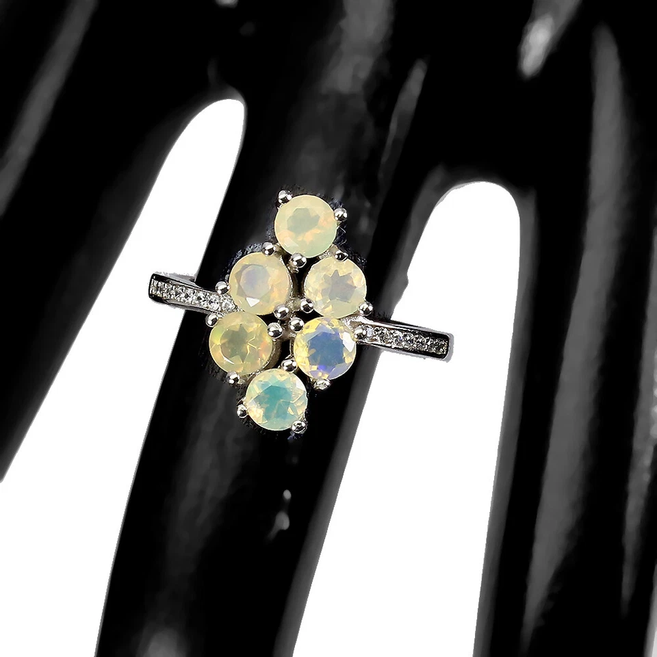 925 Argento Sterling Rotondo Opale di Fuoco 4mm Finto Zirconi Anello Misura 8 - Immagine 3 di 4