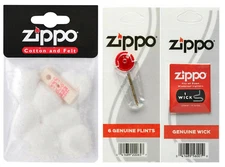 GENUINE  ZIPPO COTTON LIGHTER WADDING 1FELT COTTON 1WICK FLINTS 6X SERVICE PARTS