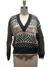 Vtg 90s Liz Wear Cottage Core Granny V Neck Sweater Sz M Petite Cotton Blend