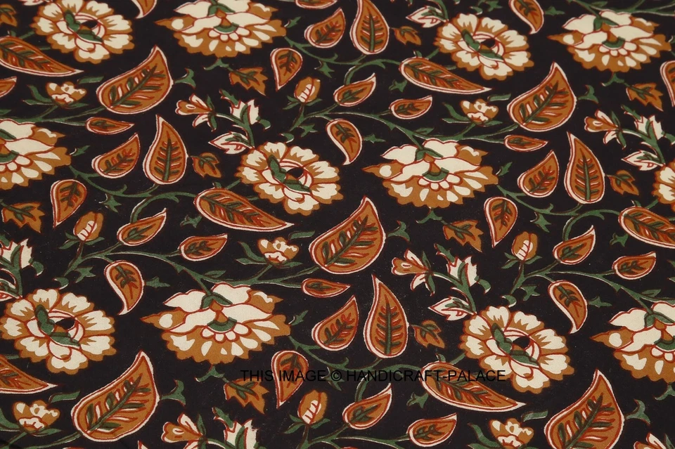 Indian Cotton Running 25 Yard Black Floral Fabric Hand Block Print Printed Loose - Image 4 of 4