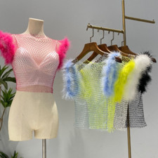 Top Corto Da Donna Con Strass E Maniche In Piume Trasparenti Per Feste E Club