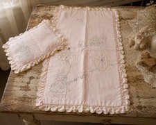 Vintage Handmade Baby Crib Quilt Pillow Sham Set Pink Satin Bunny Nursery