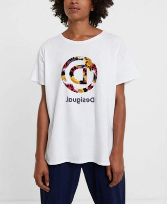Desigual Women's White Logo Short Sleeve 100% Cotton T-Shirt Size S 20WOTK09